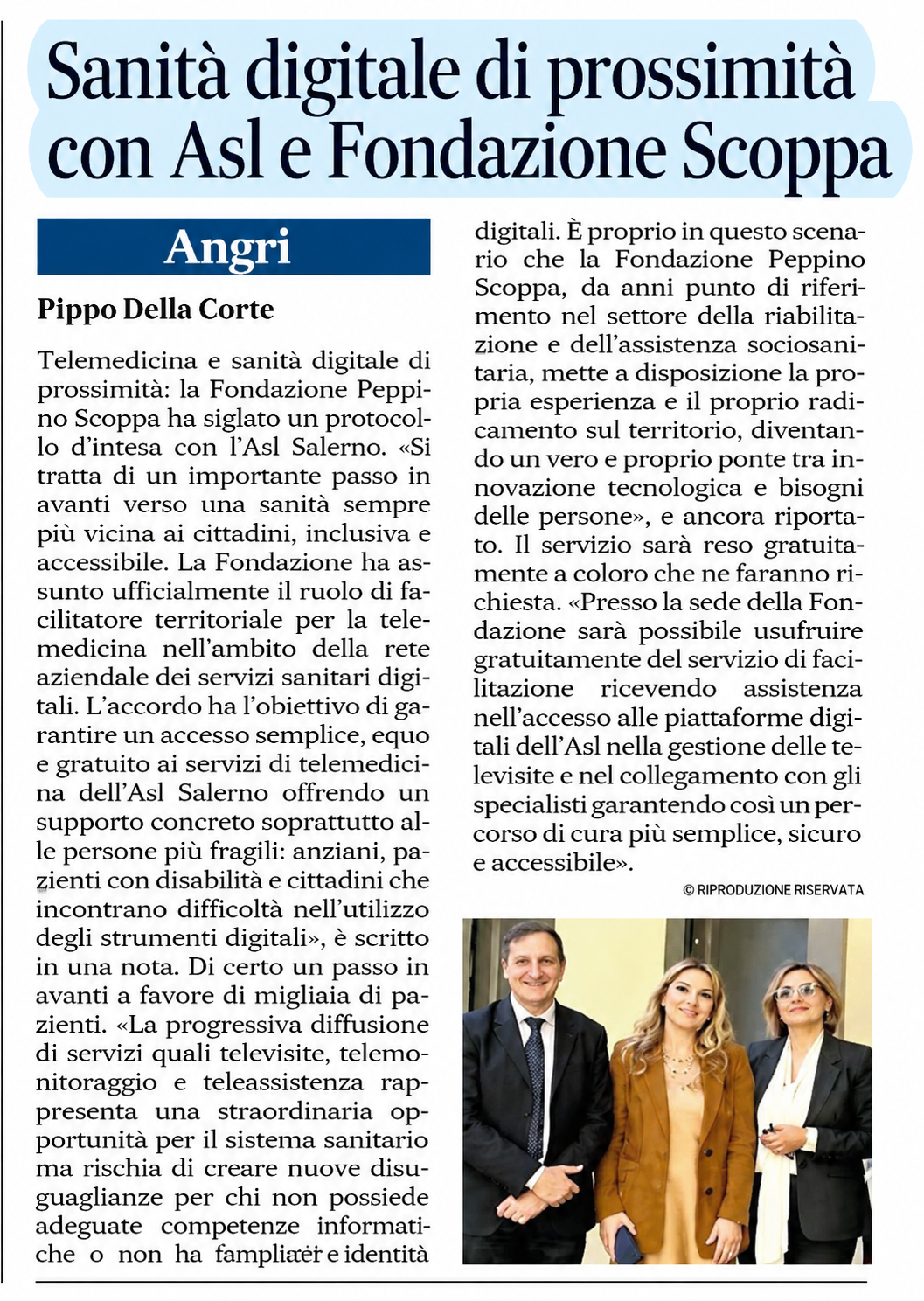 Articolo sulla sanità digitale di prossimità e sull’accordo tra ASL Salerno e Fondazione Peppino Scoppa