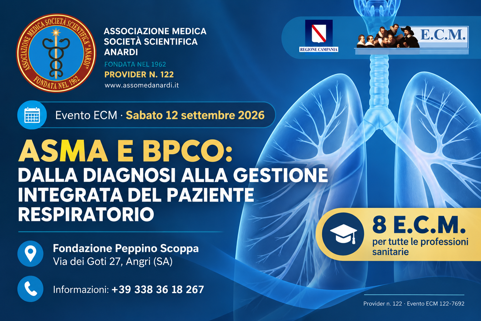 Sabato 12 settembre 2026, presso la Fondazione Peppino Scoppa di Angri, si terrà il corso ECM “Asma e BPCO: dalla diagnosi alla gestione integrata del paziente respiratorio”, con 8 crediti ECM per tutte le professioni sanitarie.