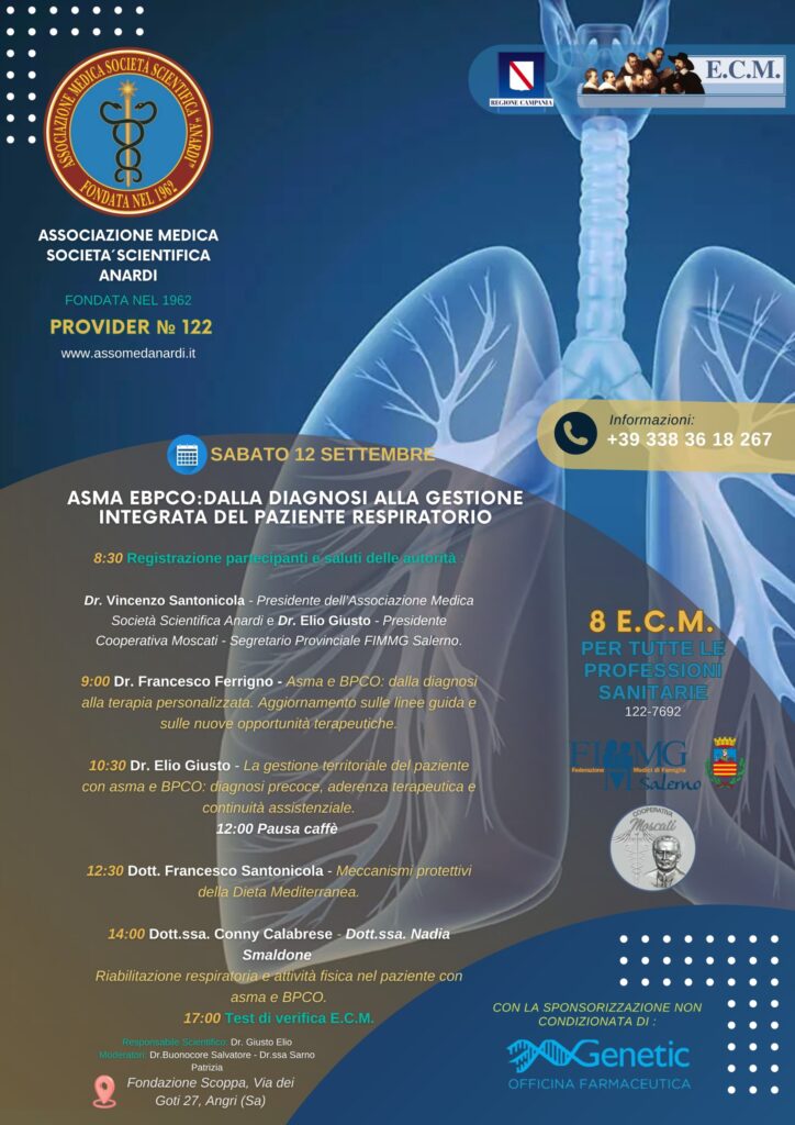 Locandina del corso ECM “Asma e BPCO: dalla diagnosi alla gestione integrata del paziente respiratorio”, in programma il 12 settembre 2026 presso la Fondazione Peppino Scoppa di Angri.